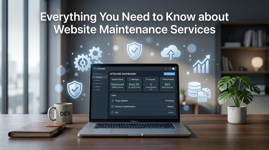Website maintenance concept with dashboard, security and performance tools