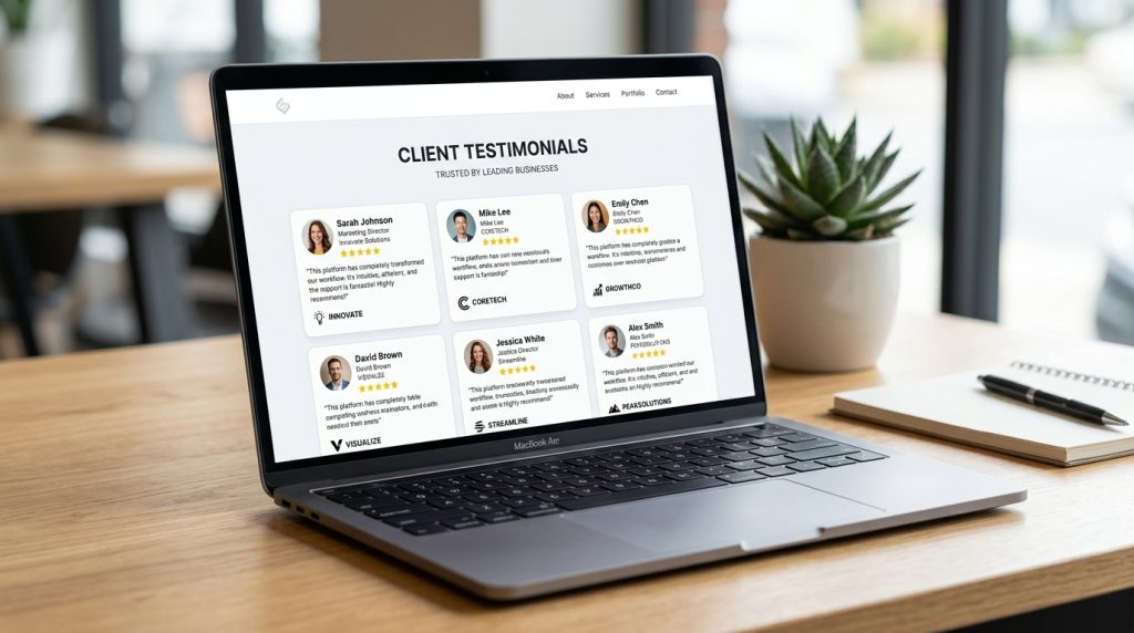 Website testimonials section with reviews ratings and client logos