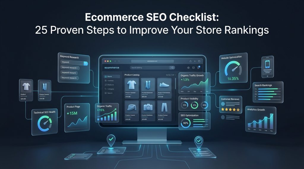 Ecommerce SEO checklist showing online store optimization and ranking growth strategy