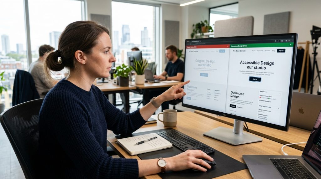 UX designer checking website color contrast and text readability
