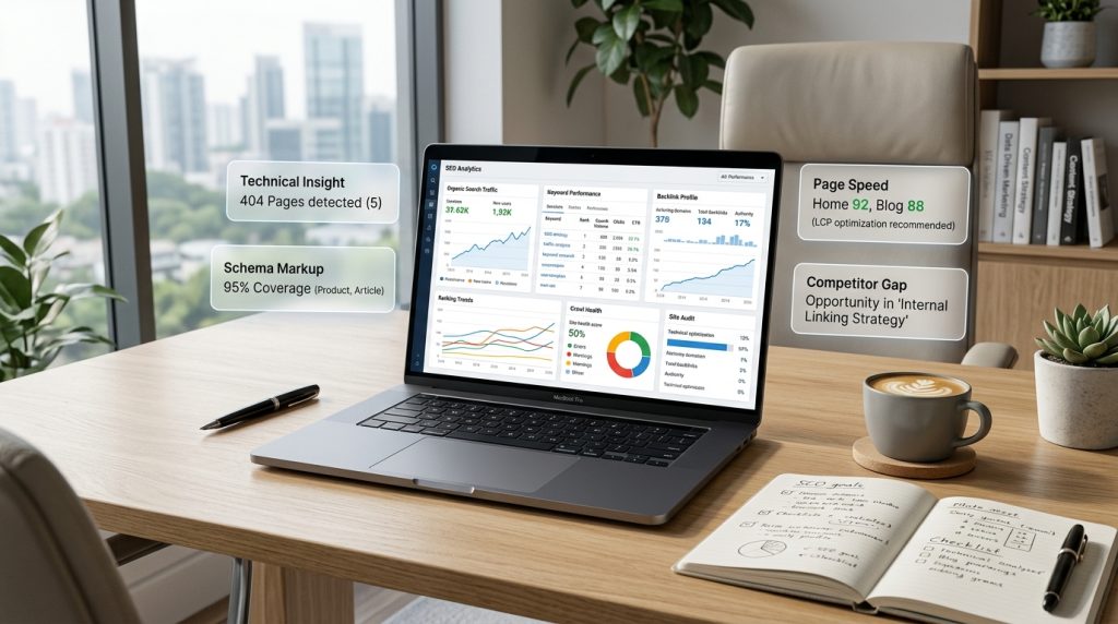 SEO analytics workspace showing ecommerce traffic and performance insights