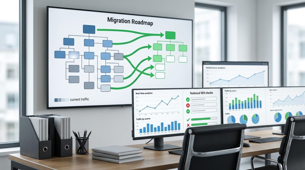 Website redesign checklist showing SEO planning and URL migration workflow