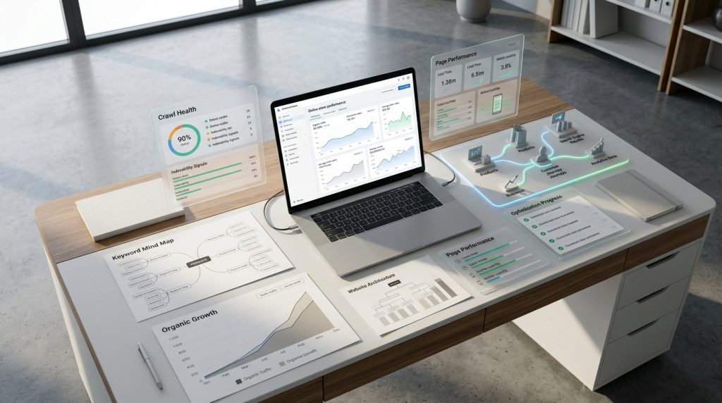 Ecommerce SEO audit workspace showing website optimization and ranking analysis