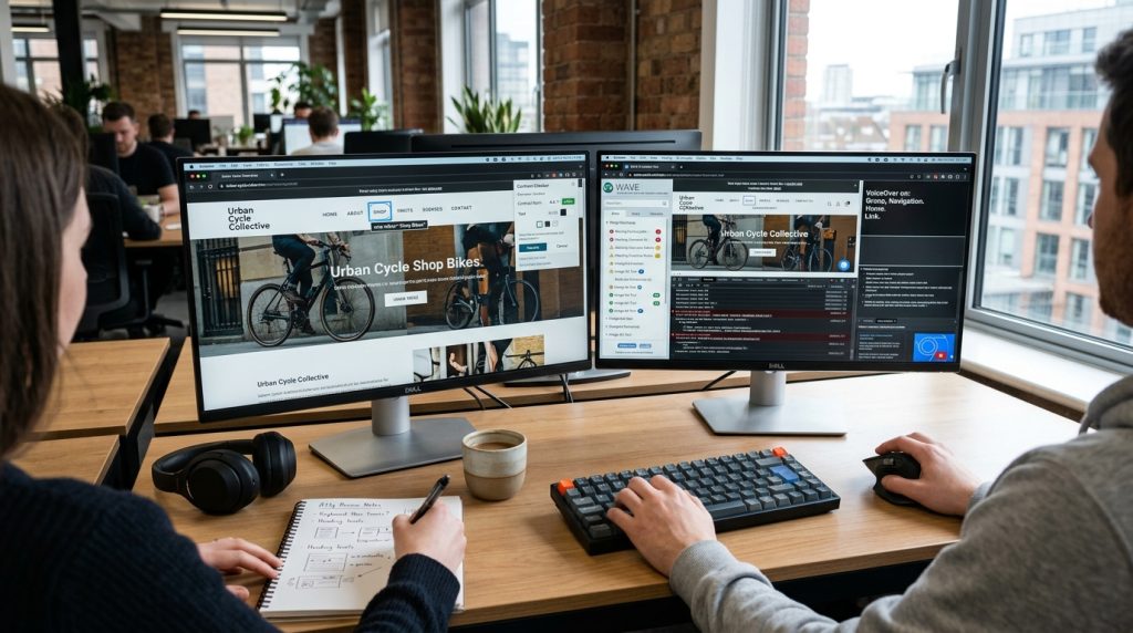 Website accessibility testing tools displayed on a developer workstation
