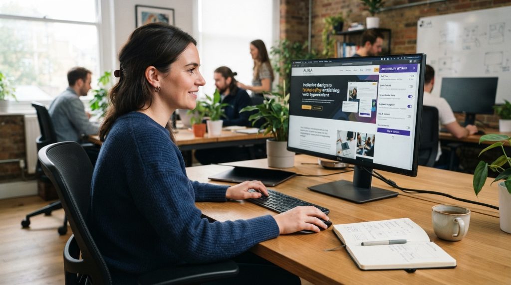 Designer reviewing website accessibility features on a modern computer setup