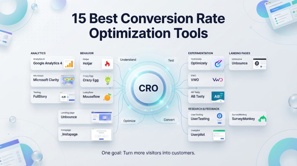 Conversion optimization tools organized across analytics and testing categories