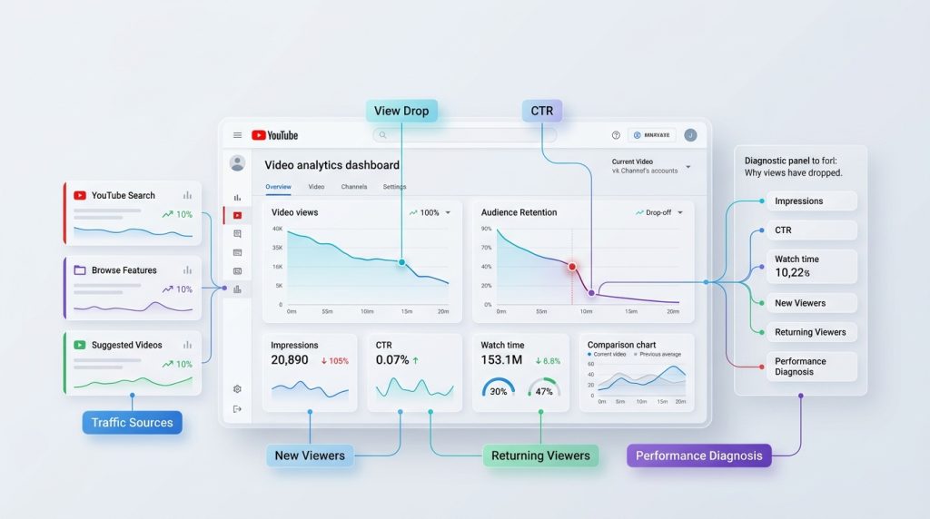 YouTube analytics showing view drops, CTR, retention and traffic sources