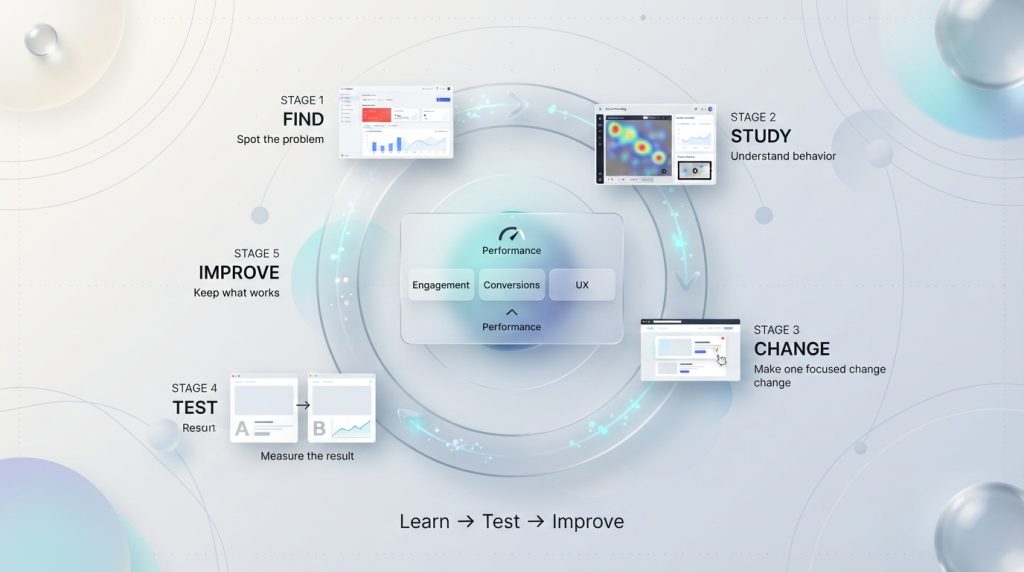 CRO optimization cycle showing testing, measurement, learning, and improvement