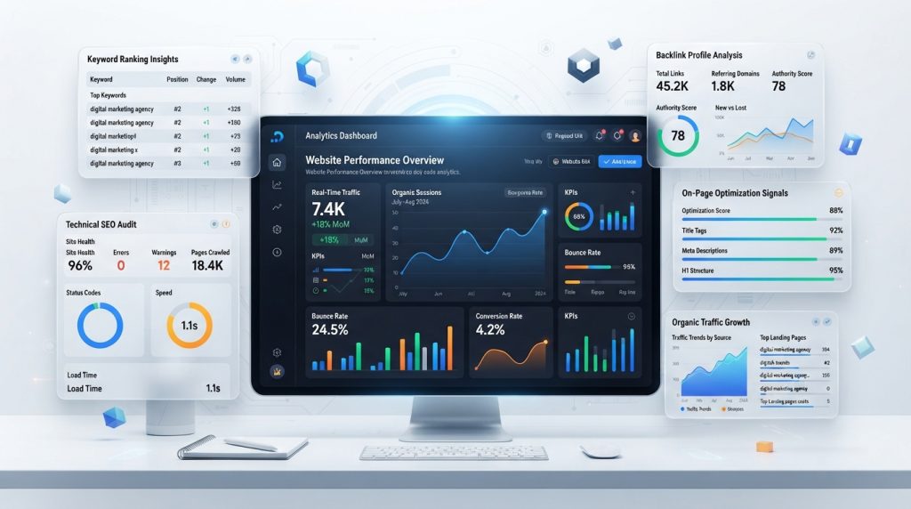 SEO tools dashboard showing website analytics, keyword tracking, performance reports, and optimization insights