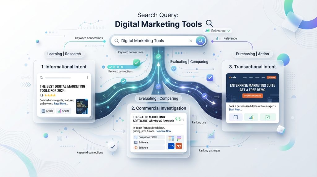 Search intent optimization concept showing how user queries connect with relevant SEO content and search results