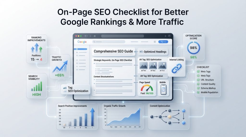 On-page SEO checklist showing website optimization elements for better Google rankings and organic traffic growth
