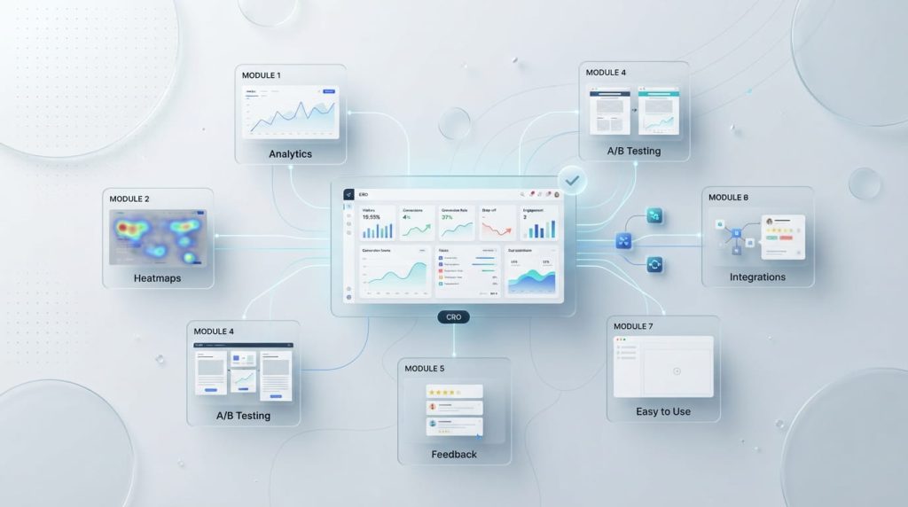 CRO dashboard showing analytics, heatmaps, testing, and visitor insights