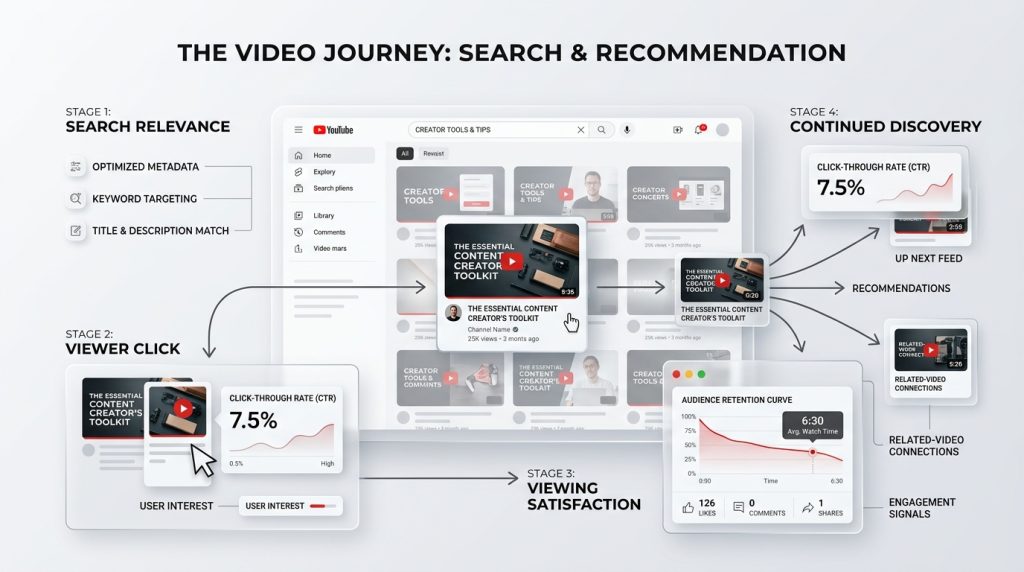YouTube search ranking process showing relevance, CTR and viewer satisfaction