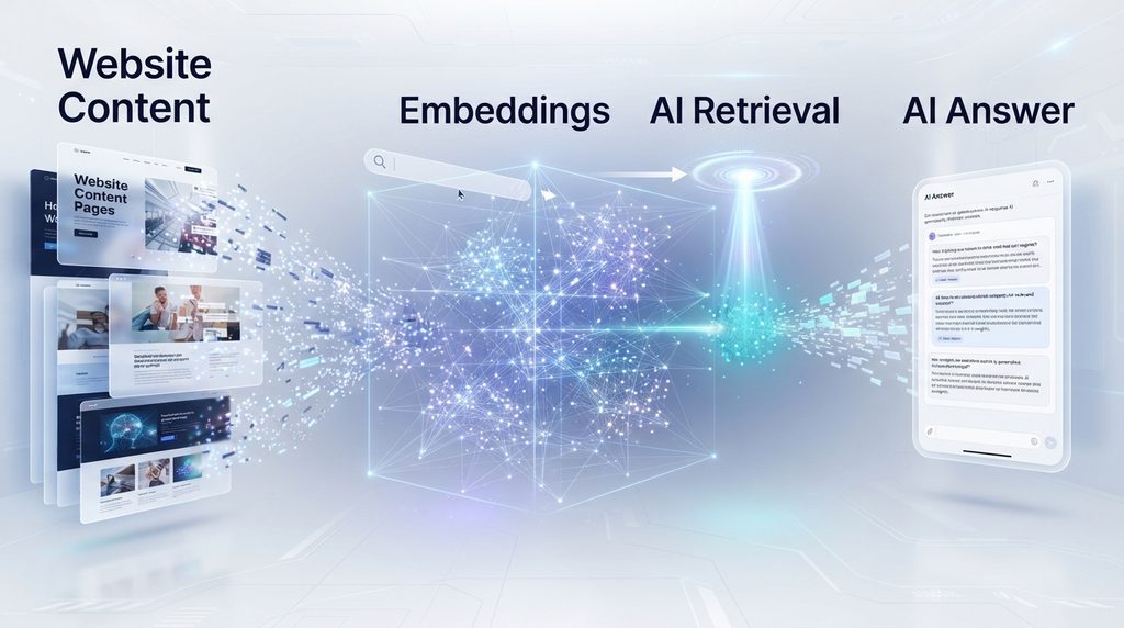 AI content retrieval showing website information transformed into vector embeddings