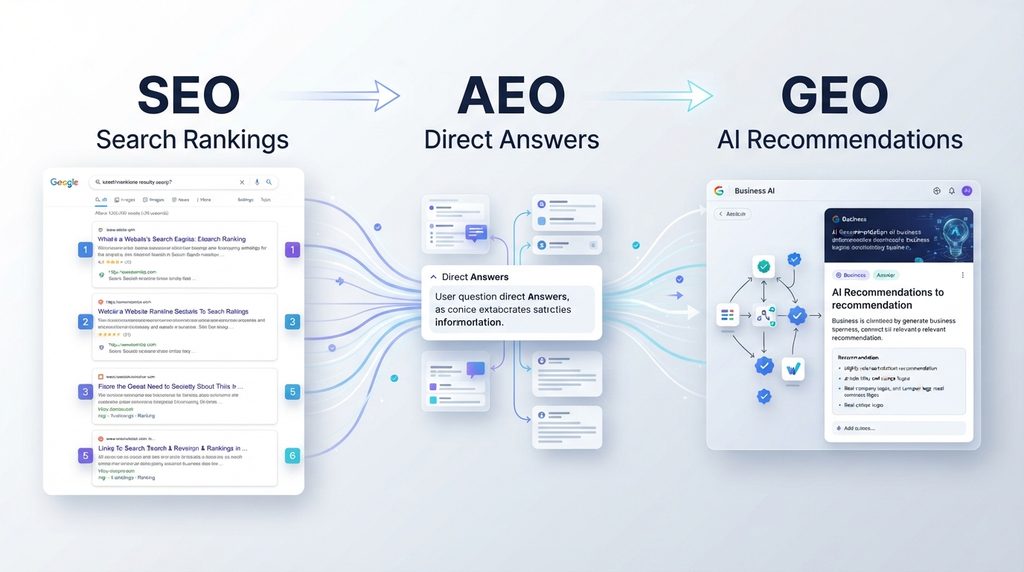 SEO AEO and GEO comparison showing modern AI search optimization