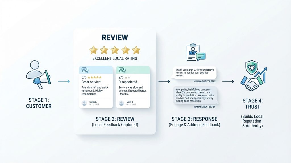 Google Business Profile review strategy and customer trust infographic