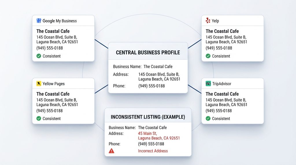 Consistent business name address and phone information across local SEO citations