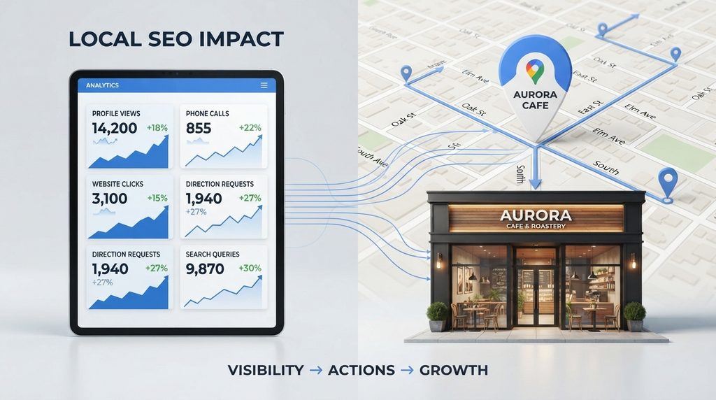 Local SEO analytics showing Google Maps views calls clicks and directions