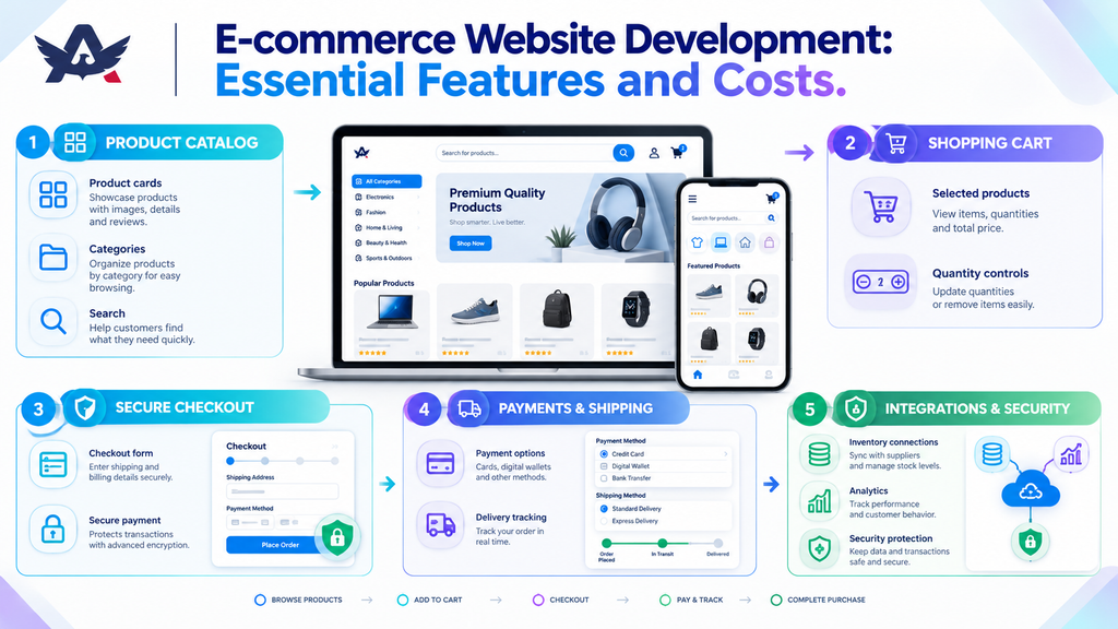 E-commerce website development infographic showing product catalogs, shopping carts, secure checkout, payment integration, and shipping features.