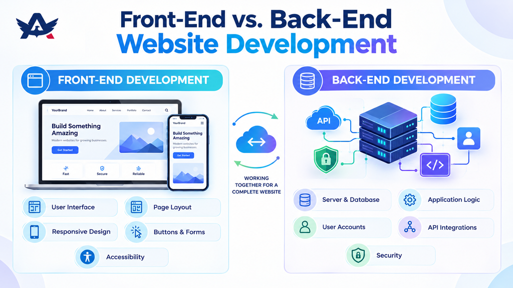 Front-end versus back-end website development showing user interfaces, responsive layouts, servers, databases, and APIs.