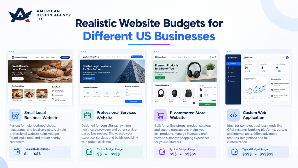 Website development budget comparison for small businesses, professional services, e-commerce stores, and custom web applications.